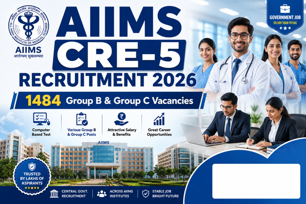 AIIMS CRE-5 Recruitment 2026 banner featuring AIIMS logo, healthcare professionals, and hospital buildings. The image highlights 1484 Group B and Group C vacancies under the AIIMS Common Recruitment Examination (CRE-5) 2026. Key recruitment details include computer-based test, attractive salary and benefits, central government job opportunities, career growth, and nationwide AIIMS postings. Designed in a professional blue and white theme for government job aspirants seeking AIIMS recruitment updates.