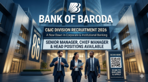 Featured blog image for Bank of Baroda C&IC Division Recruitment 2026 highlighting 86 senior corporate banking openings. The visual showcases a modern glass-clad skyscraper bank headquarters featuring a bold Bank of Baroda sign, three professional corporate banking officers walking out of the entrance plaza in formal business attire, a QR code information pillar, and large banner signs highlighting Senior Manager and Chief Manager positions.