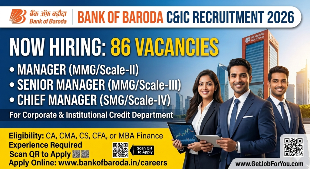Official recruitment banner for Bank of Baroda C&IC Recruitment 2026 showing 86 corporate banking vacancies for Manager, Senior Manager, and Chief Manager scales. The banner features three smiling Indian corporate banking professionals in business suits, a modern high-rise office building with the Bank of Baroda logo in the background, a QR code to apply, and a website watermark in the lower-right corner.