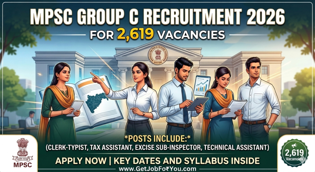 MPSC Group C Recruitment 2026 featured image showing 2,619 vacancies for Clerk-Typist, Tax Assistant, Assistant Motor Vehicle Inspector (AMVI), Industry Inspector, and Technical Assistant posts in Maharashtra Government