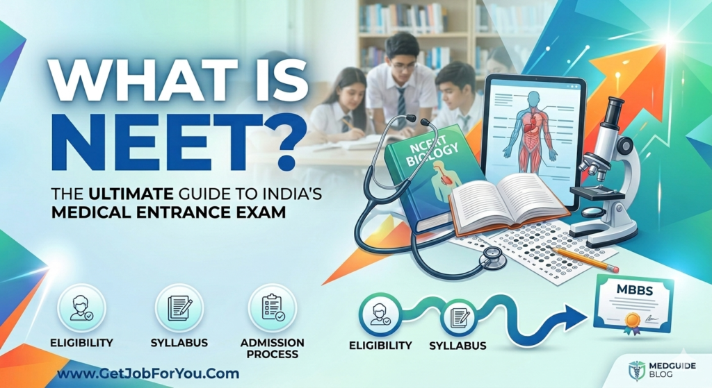 Featured blog image titled "What is NEET? The Ultimate Guide to India's Medical Entrance Exam" with student silhouettes, medical equipment, NCERT textbook, and the website URL getjobforyou.com.