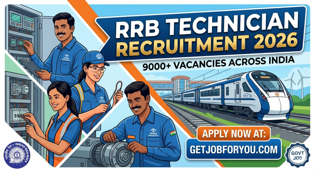 RRBs Technician Recruitment 2026 banner with Indian Railways workers, modern train, and vacancy details on GetJobForYou.com