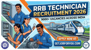 RRBs Technician Recruitment 2026 banner with Indian Railways workers, modern train, and vacancy details on GetJobForYou.com