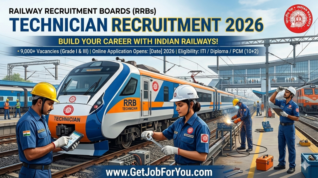 RRBs Technician Recruitment 2026 banner with Indian Railways workers, modern train, and vacancy details on GetJobForYou.com