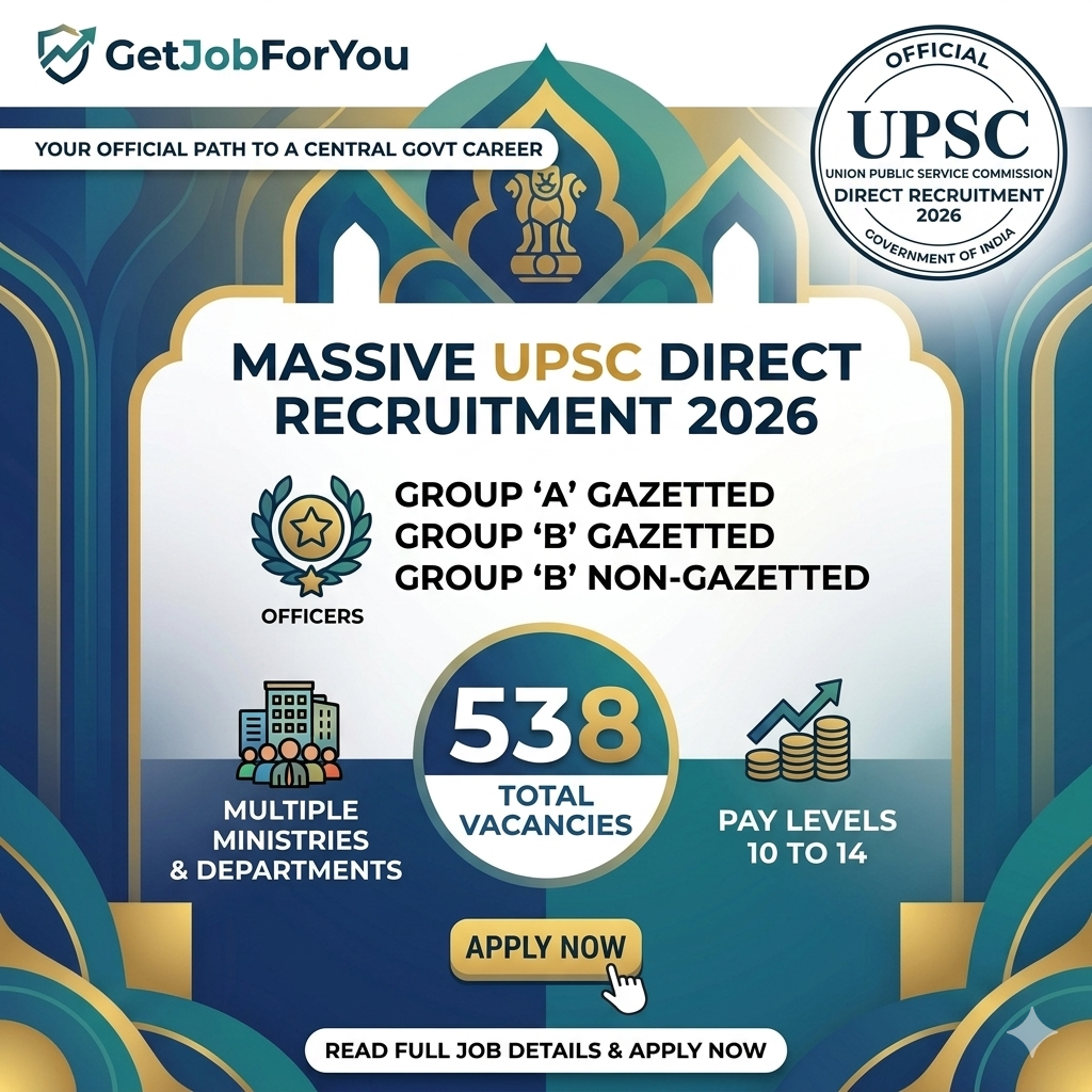 Modern square recruitment banner for UPSC Direct Recruitment 2026 by GetJobForYou, displaying 538 total vacancies for Group A and Group B Gazetted officer positions across multiple ministries, with pay levels 10 to 14 and an official central government theme.