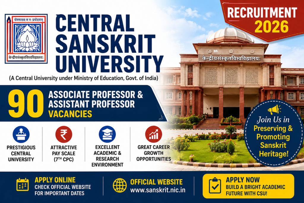 Central Sanskrit University Recruitment 2026 for 90 Associate and Assistant Professor posts.