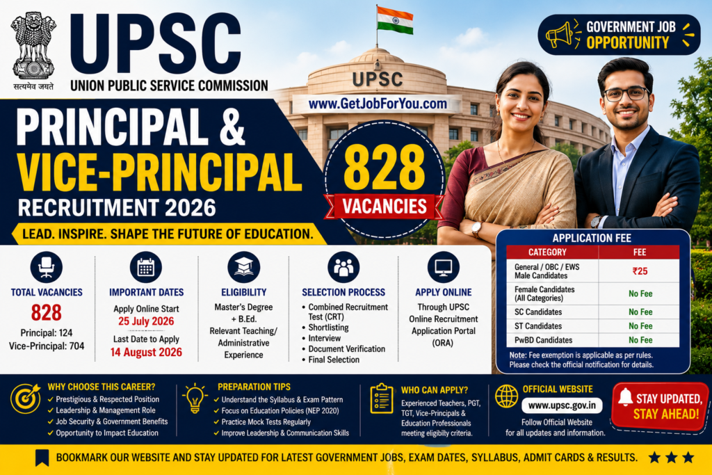 UPSC Principal and Vice-Principal Recruitment 2026 for 828 vacancies with eligibility, application dates, selection process and application fee details